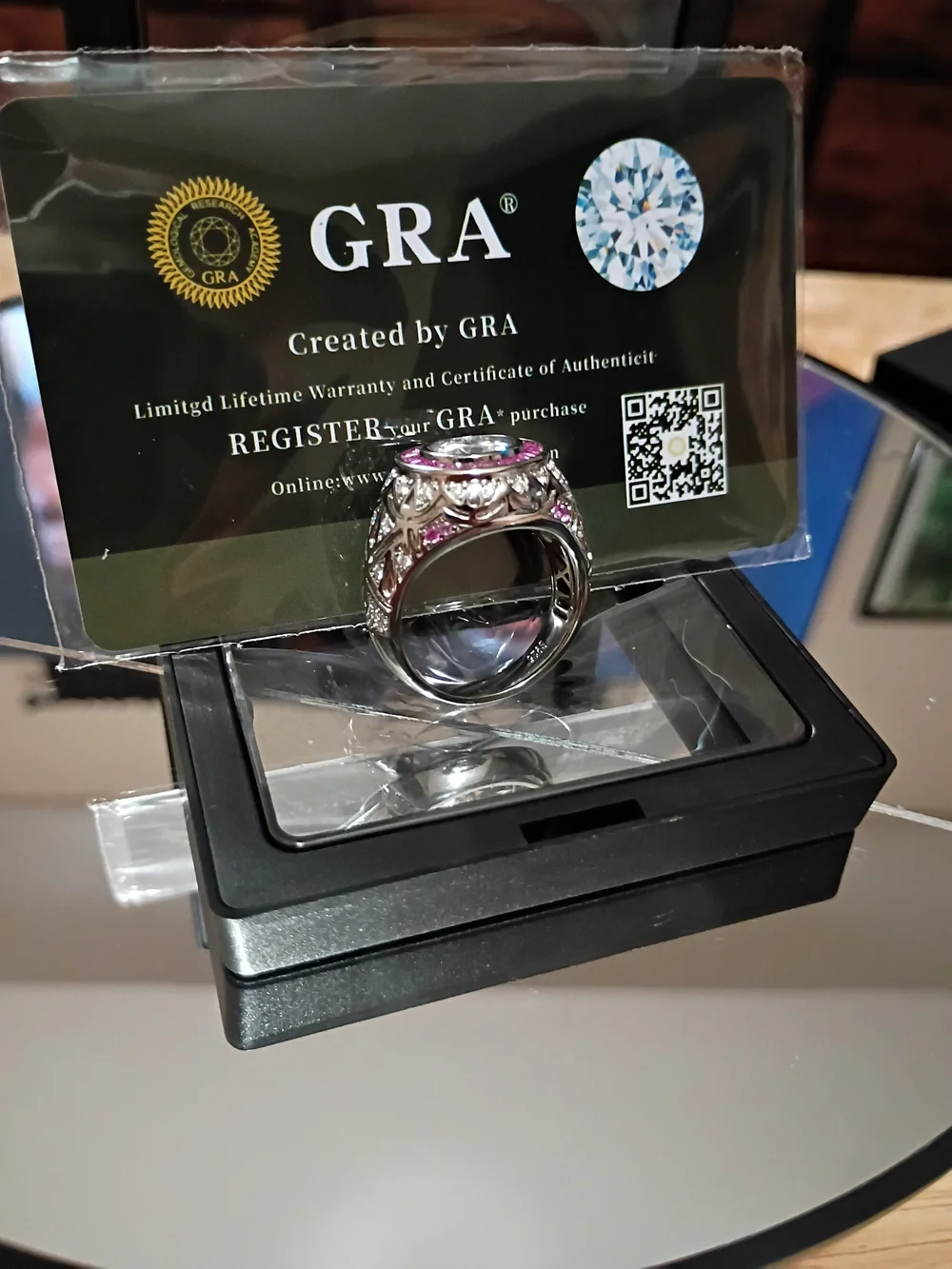 GRA Certified Round Halo Ring with Pink Stones